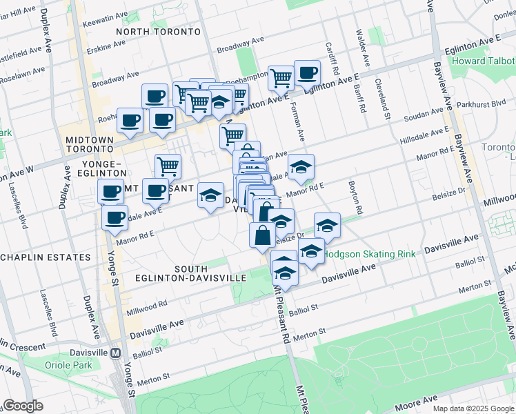 map of restaurants, bars, coffee shops, grocery stores, and more near 615 Mount Pleasant Road in Toronto