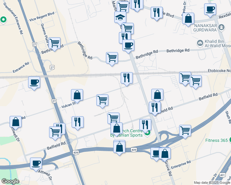 map of restaurants, bars, coffee shops, grocery stores, and more near 35 Vulcan Street in Toronto