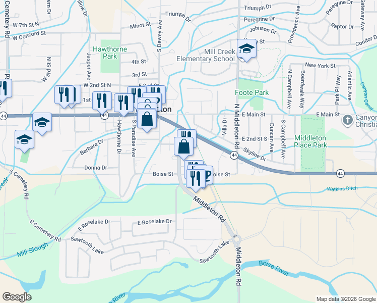 map of restaurants, bars, coffee shops, grocery stores, and more near 211 S Middleton Rd in Middleton