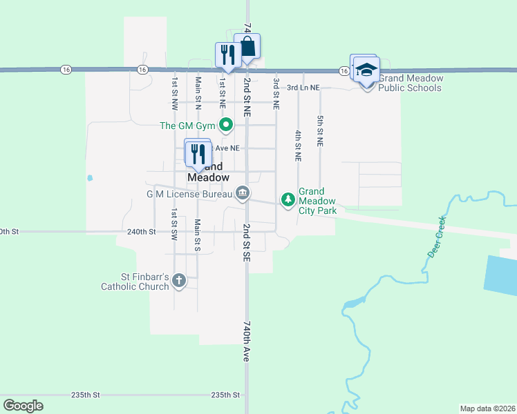 map of restaurants, bars, coffee shops, grocery stores, and more near 200 2nd Street Southeast in Grand Meadow