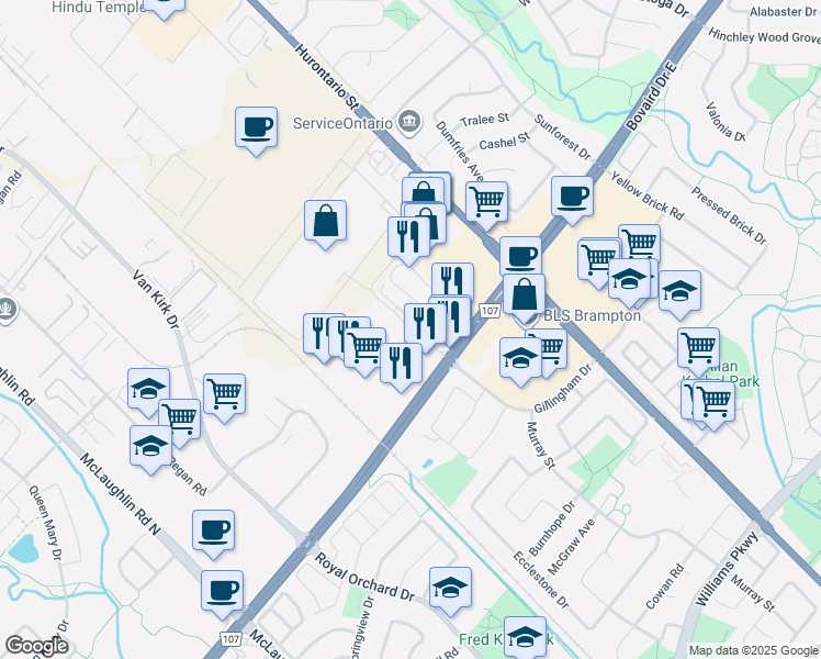 map of restaurants, bars, coffee shops, grocery stores, and more near 20 Ironside Drive in Brampton