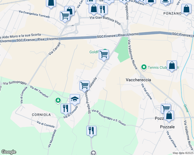 map of restaurants, bars, coffee shops, grocery stores, and more near 65 Via Salaiola in Empoli