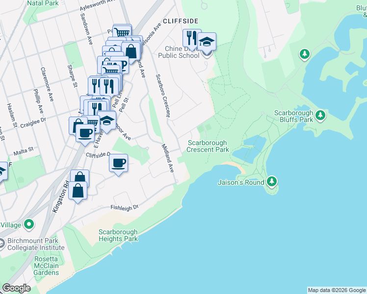 map of restaurants, bars, coffee shops, grocery stores, and more near 4 Drake Crescent in Toronto