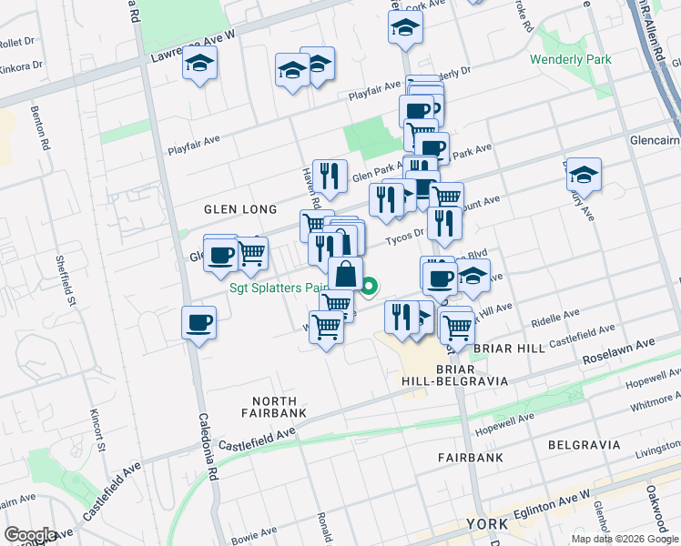 map of restaurants, bars, coffee shops, grocery stores, and more near 91 Tycos Drive in Toronto