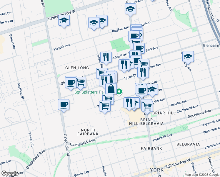 map of restaurants, bars, coffee shops, grocery stores, and more near 89 Tycos Drive in Toronto