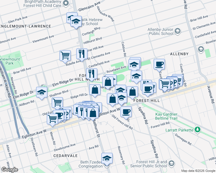 map of restaurants, bars, coffee shops, grocery stores, and more near 10 Shallmar Boulevard in Toronto