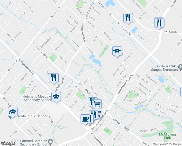 map of restaurants, bars, coffee shops, grocery stores, and more near 44 Belinda Drive in Brampton