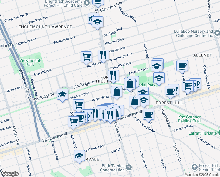 map of restaurants, bars, coffee shops, grocery stores, and more near Bathurst St & Shallmar Blvd in Toronto