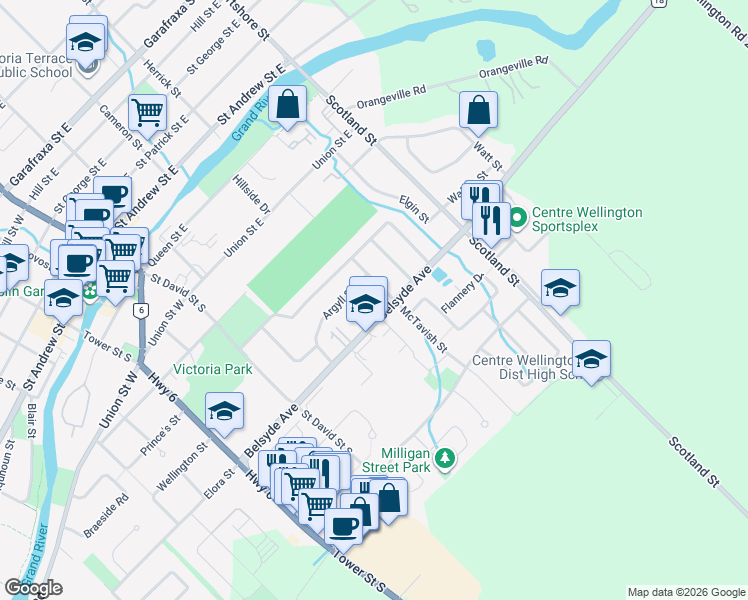 map of restaurants, bars, coffee shops, grocery stores, and more near 375 Belsyde Avenue East in Fergus