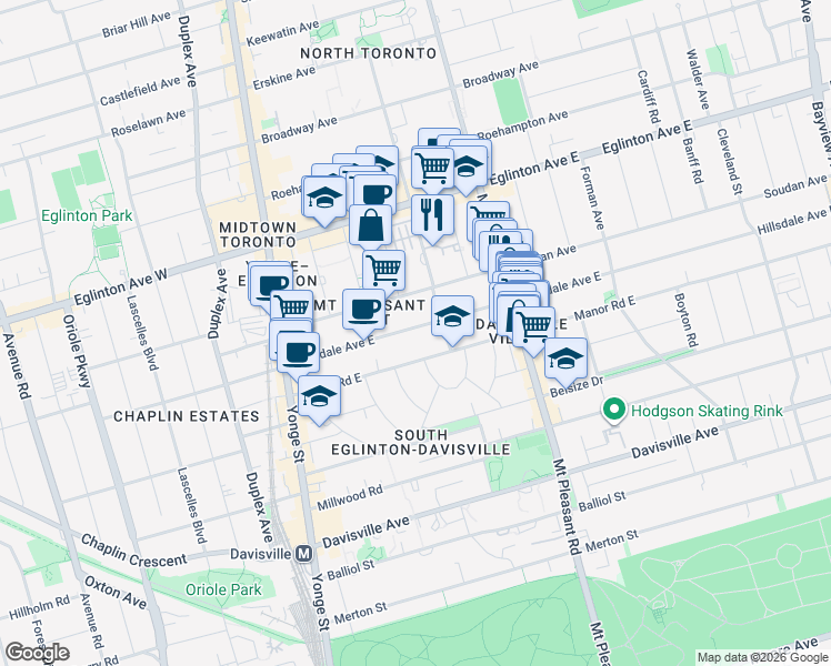 map of restaurants, bars, coffee shops, grocery stores, and more near 171 Hillsdale Avenue East in Toronto