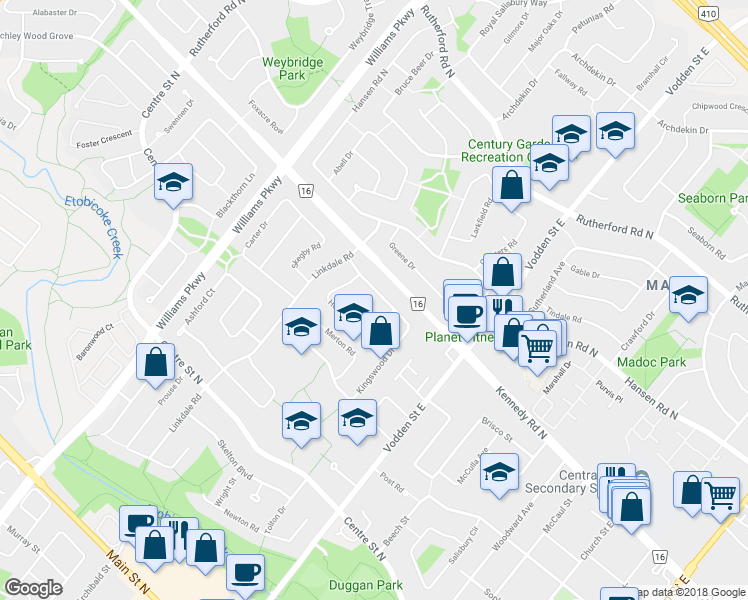 map of restaurants, bars, coffee shops, grocery stores, and more near 28 Kingswood Drive in Brampton
