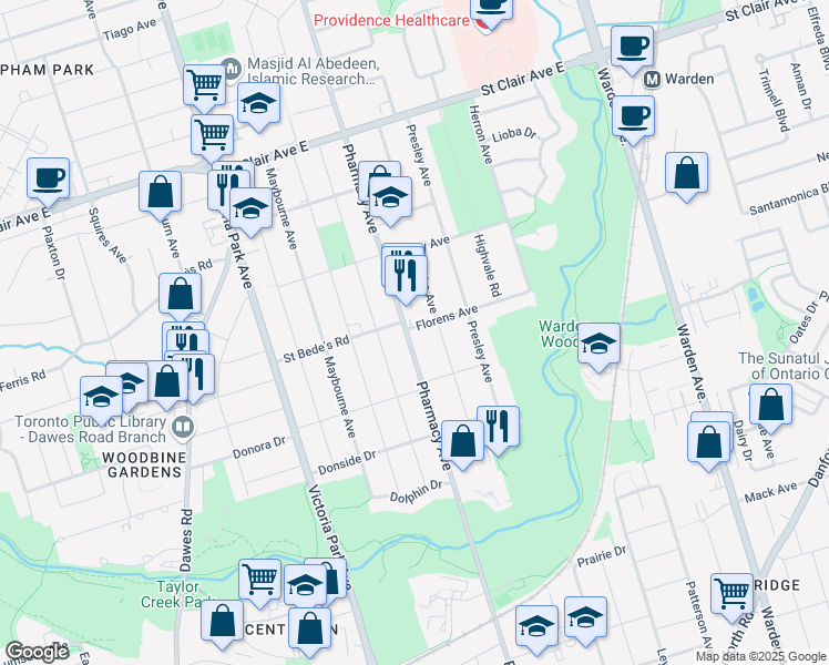 map of restaurants, bars, coffee shops, grocery stores, and more near in Toronto