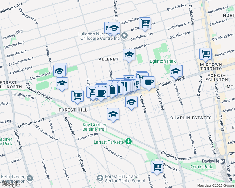 map of restaurants, bars, coffee shops, grocery stores, and more near in Toronto