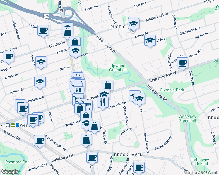 map of restaurants, bars, coffee shops, grocery stores, and more near in Toronto