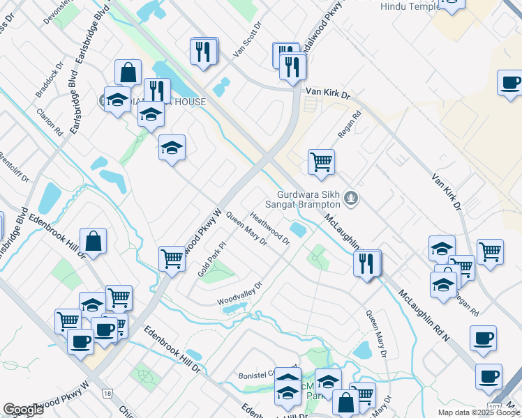 map of restaurants, bars, coffee shops, grocery stores, and more near 5 Weatherell Drive in Brampton