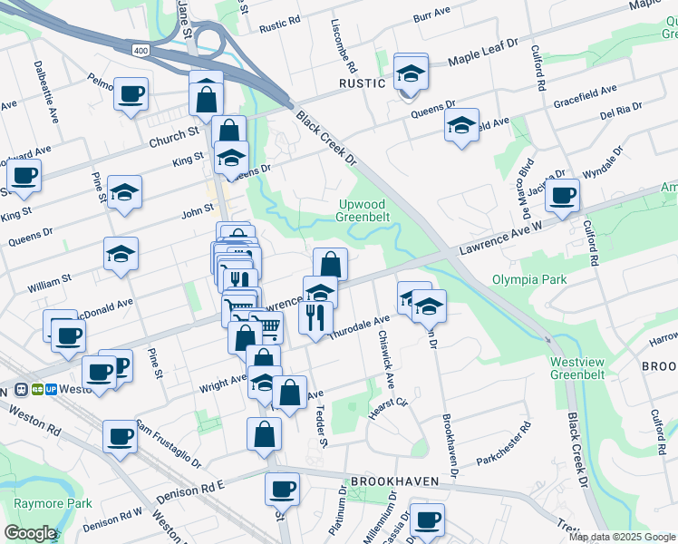 map of restaurants, bars, coffee shops, grocery stores, and more near in Toronto