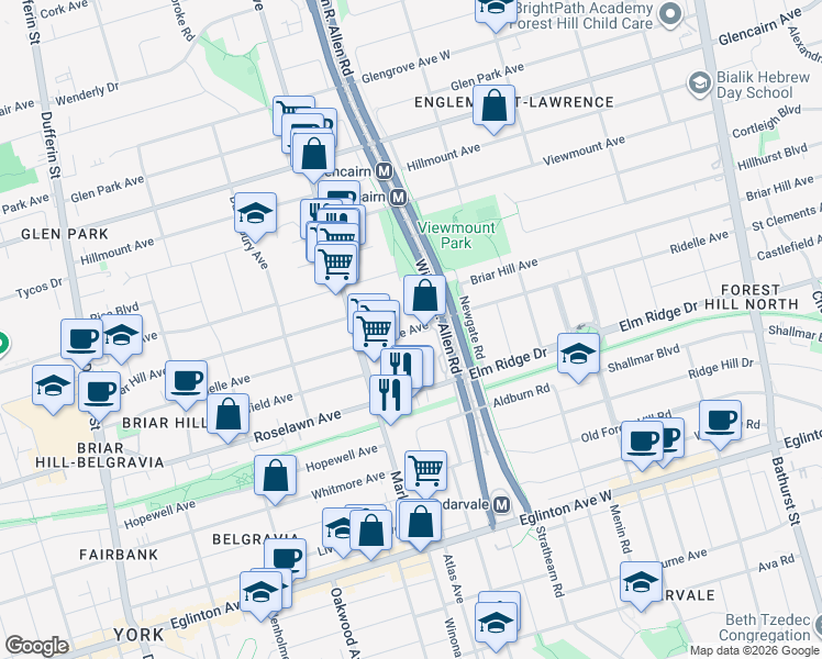 map of restaurants, bars, coffee shops, grocery stores, and more near 360 Ridelle Avenue in Toronto