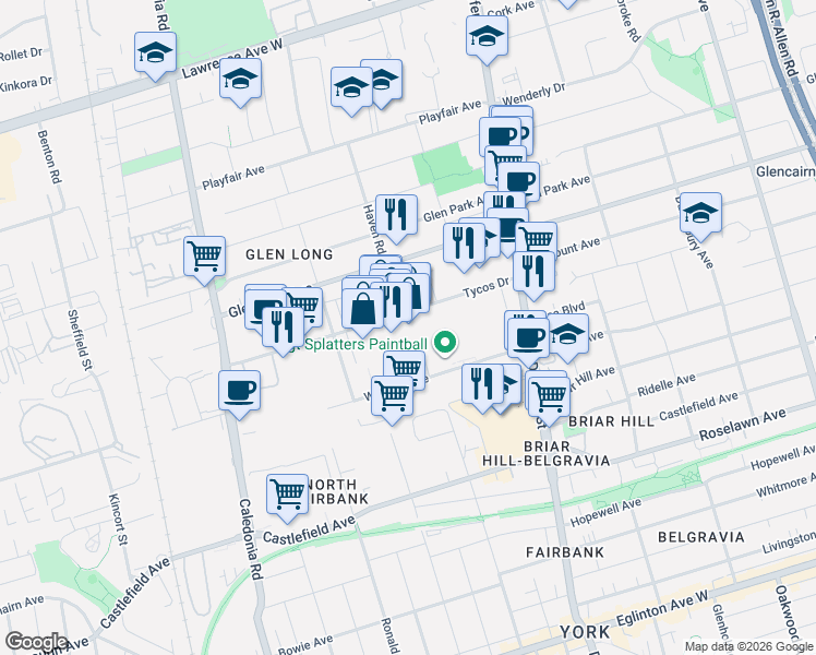 map of restaurants, bars, coffee shops, grocery stores, and more near 91 Tycos Drive in Toronto