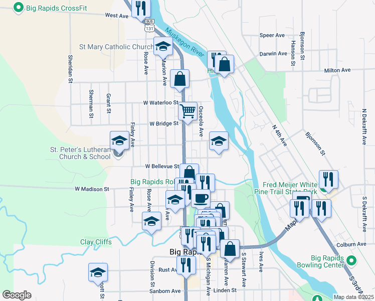 map of restaurants, bars, coffee shops, grocery stores, and more near 125 East Bellevue Street in Big Rapids