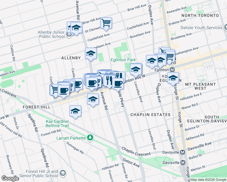 map of restaurants, bars, coffee shops, grocery stores, and more near 480 Oriole Parkway in Toronto