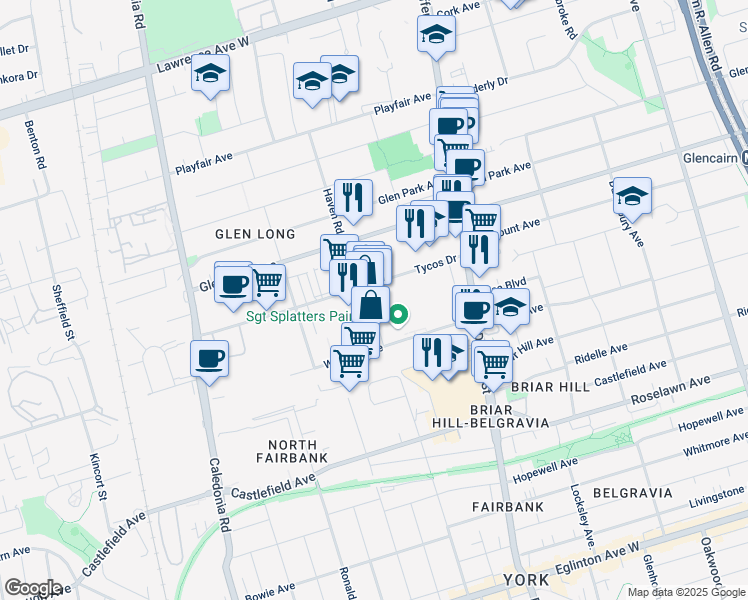 map of restaurants, bars, coffee shops, grocery stores, and more near 89 Tycos Drive in Toronto