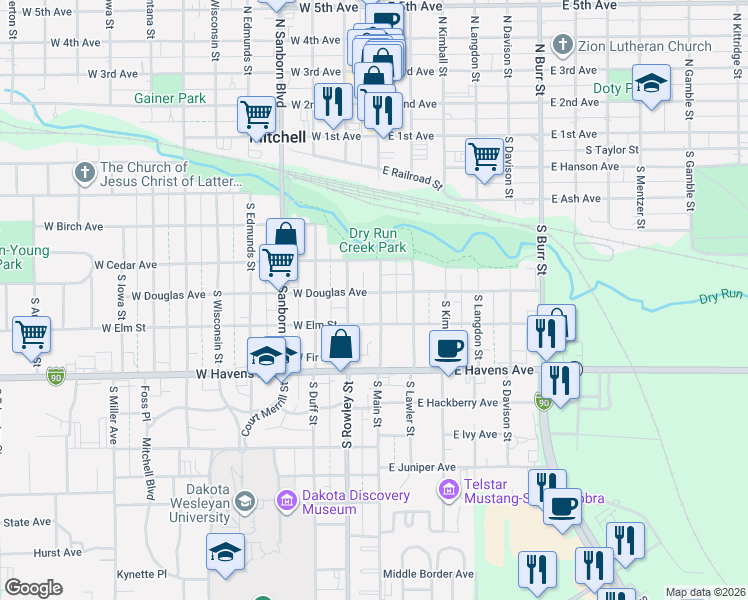 map of restaurants, bars, coffee shops, grocery stores, and more near 605 South Main Street in Mitchell