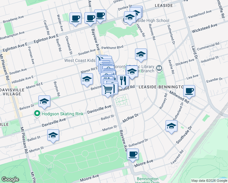 map of restaurants, bars, coffee shops, grocery stores, and more near Millwood Road in Toronto