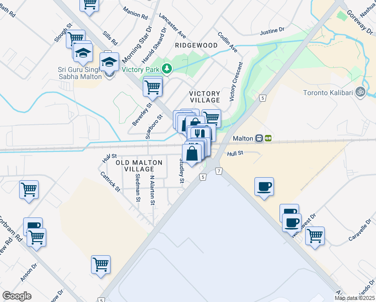 map of restaurants, bars, coffee shops, grocery stores, and more near 15 Hull Street in Mississauga