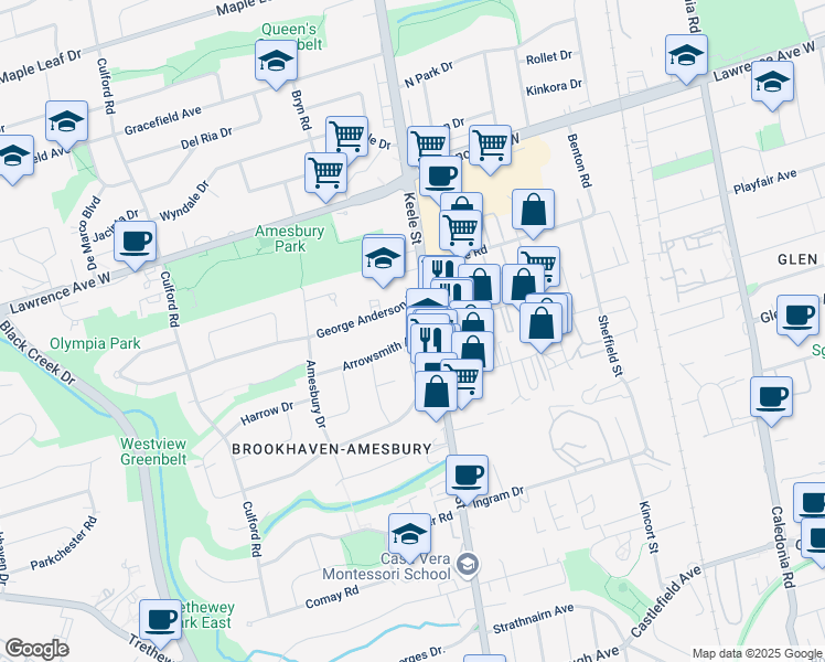 map of restaurants, bars, coffee shops, grocery stores, and more near 2328 Keele Street in Toronto