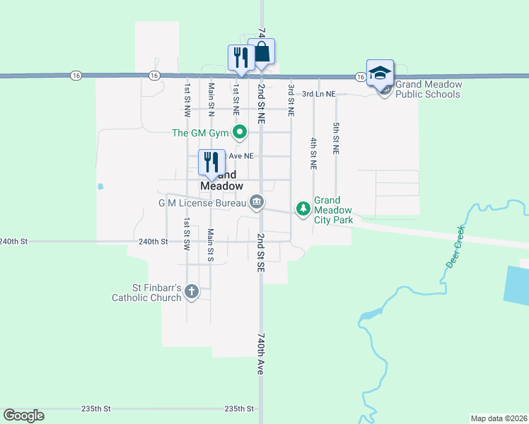 map of restaurants, bars, coffee shops, grocery stores, and more near 200 2nd Street Southeast in Grand Meadow