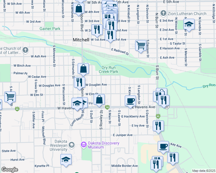 map of restaurants, bars, coffee shops, grocery stores, and more near 620 South Rowley Street in Mitchell