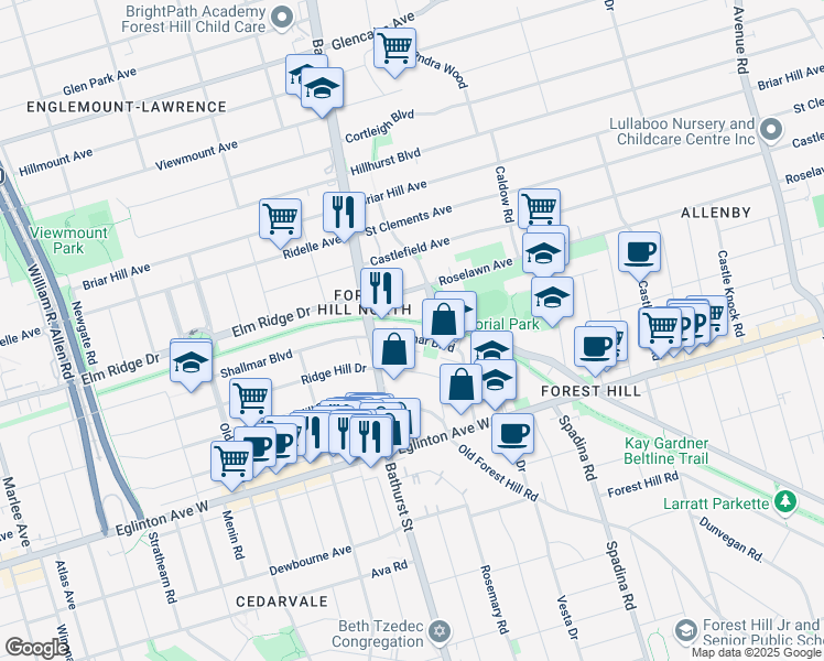 map of restaurants, bars, coffee shops, grocery stores, and more near 20 Shallmar Boulevard in Toronto