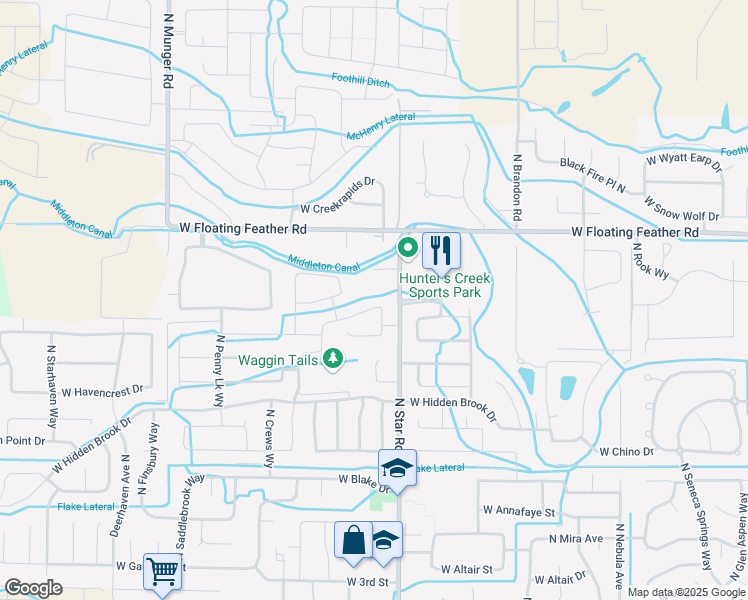 map of restaurants, bars, coffee shops, grocery stores, and more near 11256 West Meadowriver Drive in Star