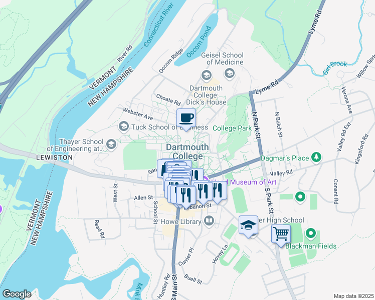 map of restaurants, bars, coffee shops, grocery stores, and more near in Hanover