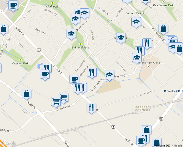 map of restaurants, bars, coffee shops, grocery stores, and more near 64 Brookdale Crescent in Brampton