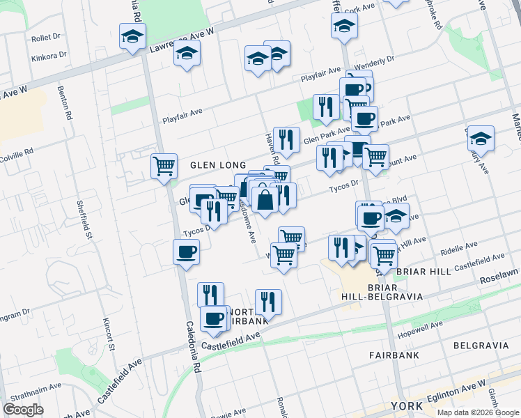 map of restaurants, bars, coffee shops, grocery stores, and more near 112 Tycos Drive in Toronto