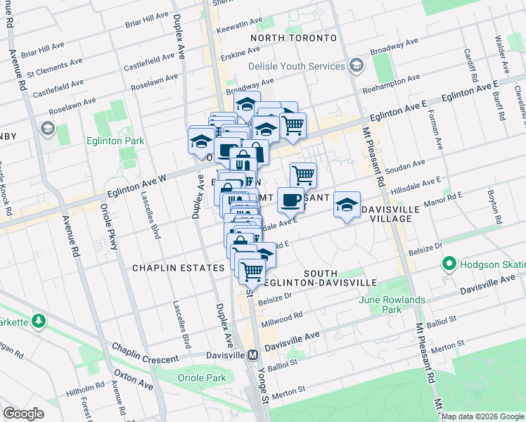 map of restaurants, bars, coffee shops, grocery stores, and more near 47 Soudan Avenue in Toronto