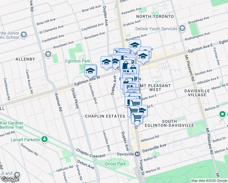 map of restaurants, bars, coffee shops, grocery stores, and more near in Toronto