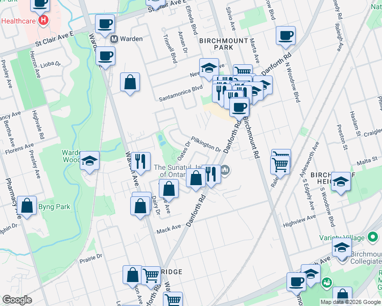 map of restaurants, bars, coffee shops, grocery stores, and more near 105 Wilkes Crescent in Toronto