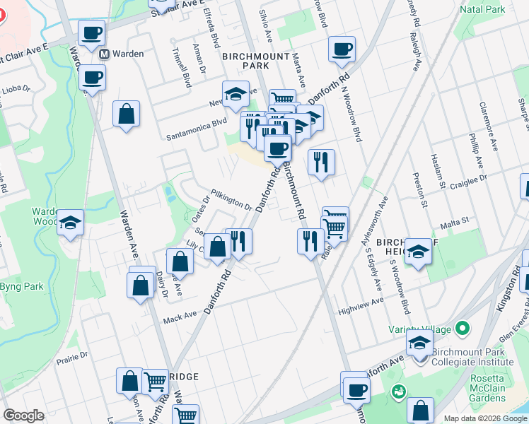 map of restaurants, bars, coffee shops, grocery stores, and more near in Toronto