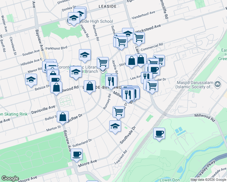 map of restaurants, bars, coffee shops, grocery stores, and more near 856 Millwood Road in Toronto