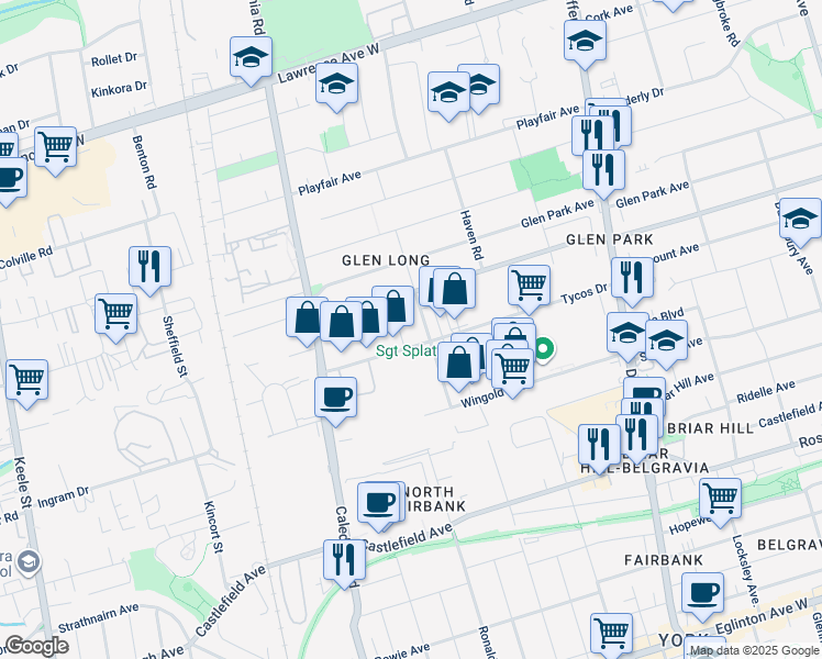 map of restaurants, bars, coffee shops, grocery stores, and more near 134 Tycos Drive in Toronto