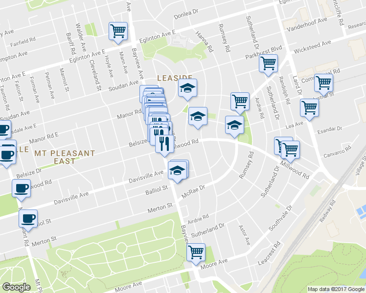 map of restaurants, bars, coffee shops, grocery stores, and more near 741 Millwood Road in Toronto