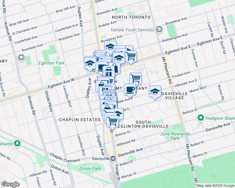 map of restaurants, bars, coffee shops, grocery stores, and more near 47 Soudan Avenue in Toronto