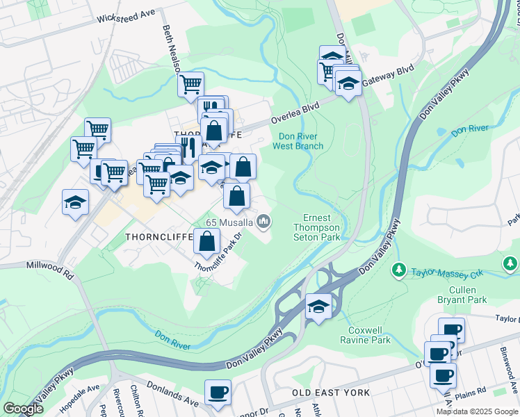 map of restaurants, bars, coffee shops, grocery stores, and more near 71 Thorncliffe Park Drive in Toronto