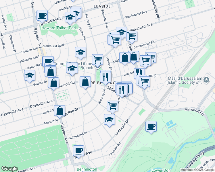 map of restaurants, bars, coffee shops, grocery stores, and more near 856 Millwood Road in Toronto