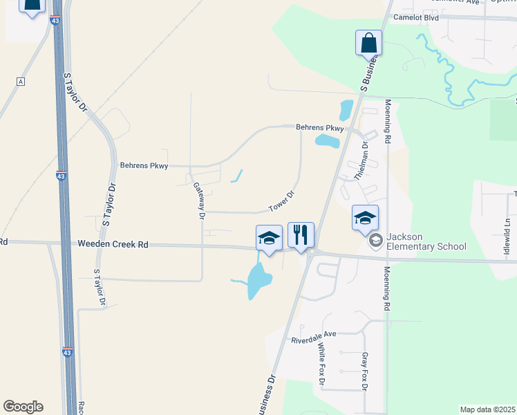 map of restaurants, bars, coffee shops, grocery stores, and more near 4421 Tower Drive in Sheboygan