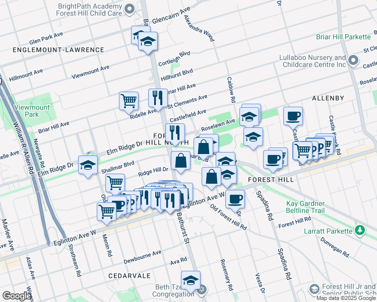 map of restaurants, bars, coffee shops, grocery stores, and more near 20 Shallmar Boulevard in Toronto