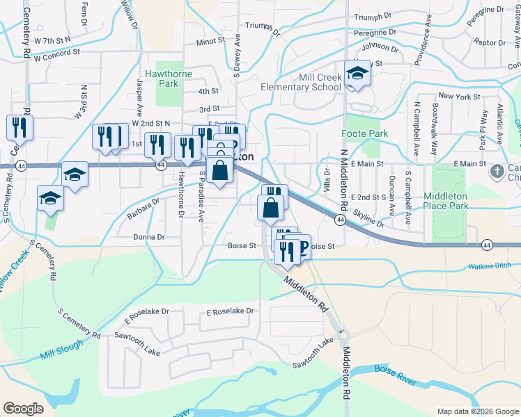 map of restaurants, bars, coffee shops, grocery stores, and more near 211 South Middleton Road in Middleton