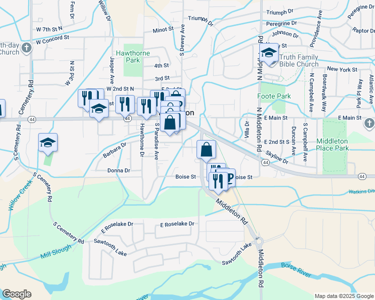 map of restaurants, bars, coffee shops, grocery stores, and more near 213 South Dewey Avenue in Middleton